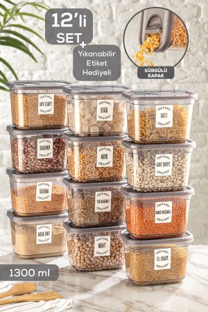 12-Piece Tiny Food Storage Container with Sliding Lid - Labeled Rectangular Pulse Container Jar 12x1,3 Lt MCH-874 - Meleni Home