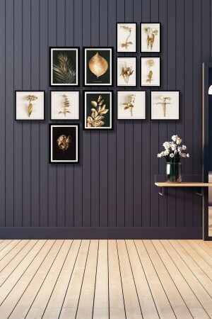 12 Piece Wooden Painting Set - Gold Leaves MDF Wall Decoration For Living Room Living Bedroom 90x75 Cm - Nt Handmade