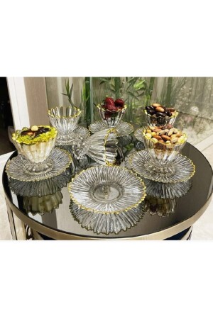 12 Pieces Luxury Gilded Footed Snack Ice Cream Dish for 6 Persons Dr6 - Kardelen Kristal