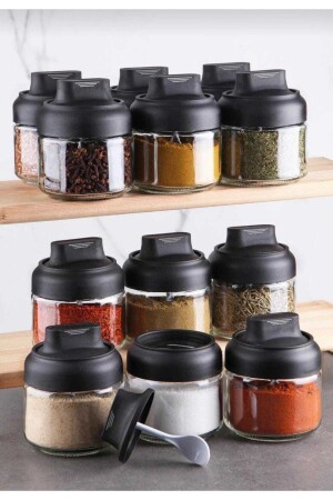 12 Pieces Matte Covered Spice Jar Set with Spoon - 300 Ml - Lockable Spice Bowl with Label Gift KLTBHRT0000014 - AŞKIN RENGİ