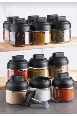 12 Pieces Matte Covered Spice Jar Set with Spoons - 300 ml - Locked Spice Bowl with Label Gift KLTBBHRT006544021 - ALBAK Life