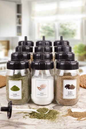 12 Pieces Self Labeled Glass Jar Spice Set with Spoon & 25 Pieces Label Open-58275858277 - çarşıdayız