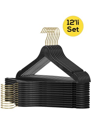 12 Pieces - Wooden Look Plastic A Quality Black Clothes Hanger Gold Hook - Home
