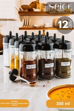 12-teiliges Gewürzdosen-Set lang mit Deckel und 24 Etiketten mit Löffeln VH-KLTSZBHRT - VİOSS HOME
