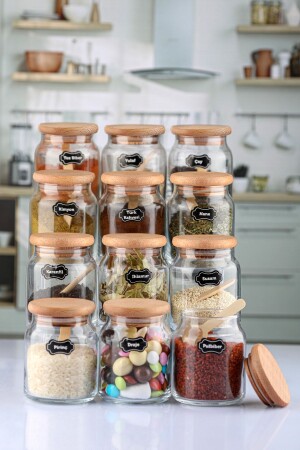 12-teiliges Luxus-Gewürzset mit Etikett, Bambusdeckel und Löffel 300 ml TYC00181465374 - Karçiçeği Home