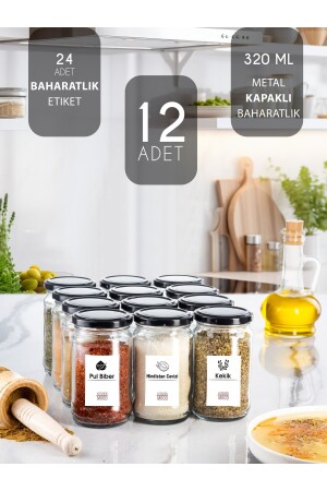 12-teiliges schwarzes Metallglas mit Deckel, Glas-Gewürzglas und 20-teiliges Gewürzetiketten-Set, 320-ml-Gewürzglas-10 - KitchenMood