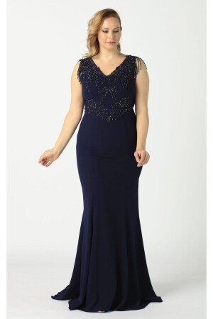 1277 Embroidered Fringed Plus Size Long Evening Dress Navy Blue - Moda Berray