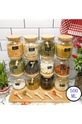 12’li Bambu Kapaklı, Kaşıklı - Etiket Hediyeli Baharatlık Takımı 500ml 24 Parça Mkc-2020 - Karçiçeği Home