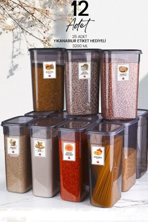 12'li Mega Boy Etiketli Dikdörtgen Erzak Saklama Kabı Seti 3200ml Çay Şeker Saklama Kabı 3.2 Litre MCH08823 - Kitchen Life