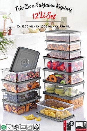 مجموعة MNZ من 12 ميكروويف مستطيل ومبرد متوافق مع حاوية تخزين ثلاثي X4 0-75 Lt/1 Lt/1-5 Lt - Open Home Concept