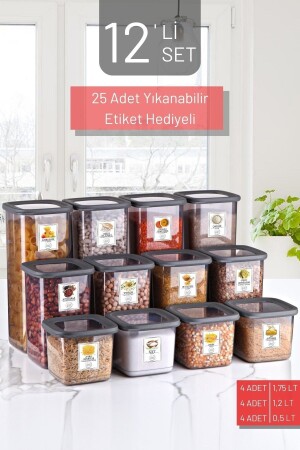 Set mit 12 beschrifteten, unzerbrechlichen quadratischen Frischhaltedosen in Anthrazit - Nandy Home