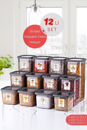 Set mit 12 beschrifteten, unzerbrechlichen quadratischen Frischhaltedosen in Anthrazit - Nandy Home