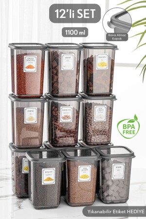 12'li Set Pino Etiketli Büyük Boy Kare Erzak Saklama Kabı Seti Antrasit 12 X 1.10 Lt MCH-417 - Meleni Home