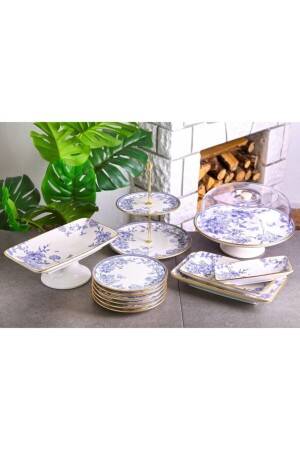 13-teiliges Kuchenservice-Präsentationsset aus Weißgold und Blaumuster - Laviss