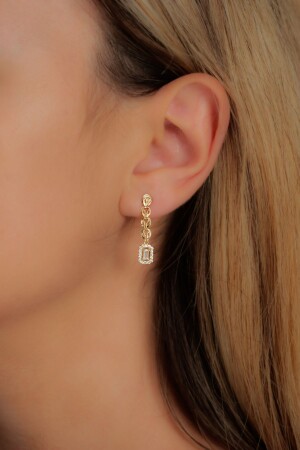 14 Carat Gold Baguette Stone Tulip Chain Women's Earrings - Gençtaş Kuyumculuk