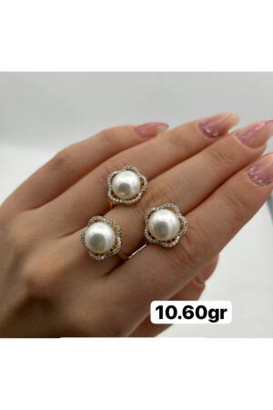14 carat gold pearl ring and earrings - Altınkaya Kuyumculuk