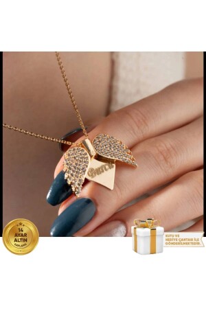 14 Carat Gold Plated Named Winged Heart Necklace - Gümüşistan