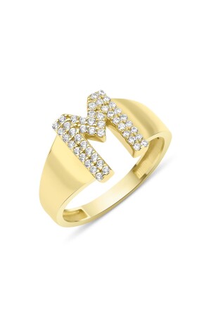 14 Carat Gold Stone M Letter Ring - Fiyonk Kuyumculuk
