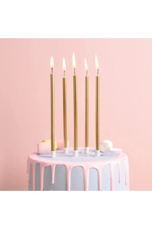 14 Cm Gold Leaf Candle Set of 6 Golden Yellow Thin Long Birthday Party Decoration Cake Birthday Candle and Base - Huzur Party Store
