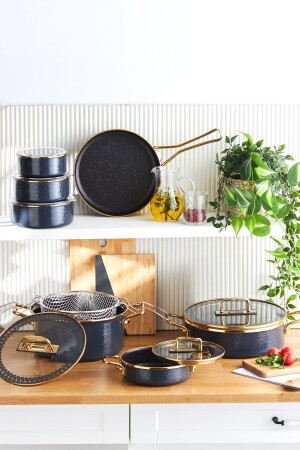 14 Piece Dowry Set with Crystal Enamel Granite Anthracite Induction Base - Karaca