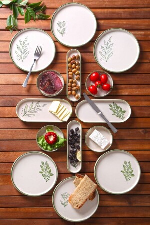 14 Piece Handmade Green Flower Breakfast Set for 6 People - Luxury Breakfast Presentation Set - Nandy Home