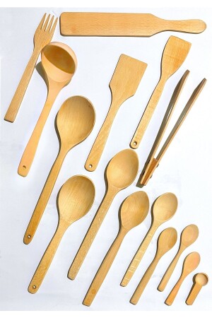 15 Pieces Oiled Beech Wood Spoon Wooden Spatula Serving Ladle Wooden Fork Tongs Set YNGN15YĞLKYN81 - Kitchen Mania