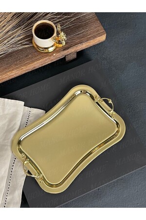 15*25cm Gold Thin Italian Presentation Tray with Handle - Soiled Heavy Gold Plated Presentation Tray MNR-TPSE101 - Manor Cam