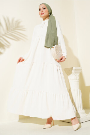 1627 Collar Lace-Up Hijab Dress - Cream - Bigdart