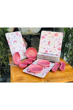 17 Piece Bahar Dusty Rose Square Breakfast Set for 6 Persons Bahark3 - Keramika