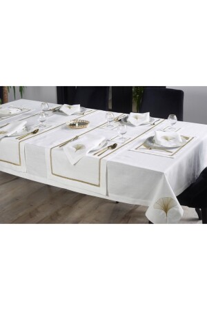 17 PIECE TABLE CLOTH SET WITH IRIS EMBROIDERED LINEN EFFECT ( GOLD SIMPLE ) 01-2547-SET17 - caka home design