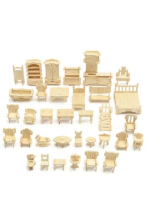 184 Pieces Paintable Natural Wood 3d Model Miniature Furniture Set woodcraft184mobilya - Genel Markalar