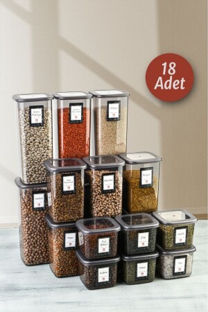 18'li Set Etiketli, Kırılmaz Kare Erzak Saklama Kabı Antrasit 6X 1,75 Lt-1,2 Lt-0,55 Lt 153.18liset.pls.kpk - Pazarika