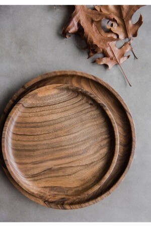 1'okay - Wooden 2-Piece Round Serving Plate, Presentation Bowl, Breakfast Plate, Wooden Plate (WALNUT WOOD) OKAY- TS003 - 1'OKAY design