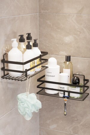 2 Bathroom Shelves with Adhesive and Hooks - Adhesive Bathroom Organizer - No Screwing - Suntel Banyo Mutfak Aksesuarlari