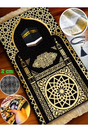 2 Cm Sponge Thick Gold Kaaba Black Prayer Mat Prayer Beads Gift Set Soft Non-Slip Knee Pain-Free Prayer Mat - Carpetella