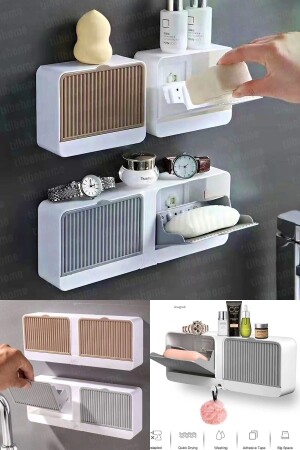2 Compartments Water-Repellent Solid Soap Dispenser Strong Adhesive Wall Mounted Covered Kitchen Bathroom Organizer - Afifehome