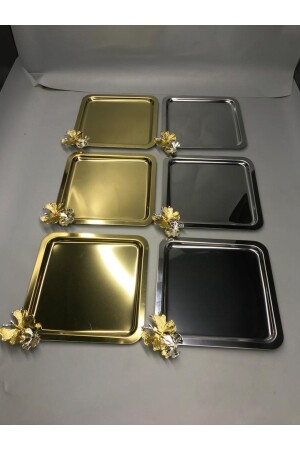 2 Different Colored Square Luxury Butterfly Accessories, 3 Gold, 3 Silver Stainless Steel Coffee, Tea, Presentation Tray MZKBK666 - Mira züccaciye