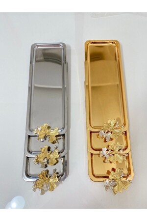 2 Different Colors Luxury Butterfly Gold, Silver Baton Service, Tea, Coffee, Treats and Presentation Tray 6BTNKBK6 - Aslı Hediyelik