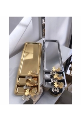 2 Farklı Renkte 6 Lı Dikdörtgen Tepsi Gold Ve Gümüş Kelebekli Lüx Sunum MNL80111 - Elzem