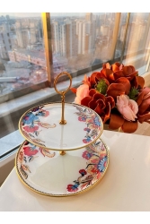 2-lagiger Kuchen- und Kekshalter mit weißem Blumenmuster bc2kk - PONCİKPAZAR