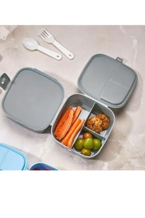 2 Layers 4 Compartments Gray Premium Kiddy Lunch Box - Premium 3 in 1 Lunch Box - Food Storage Container O-2124 - ORGANİZERS