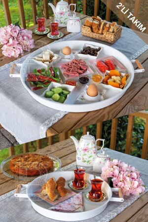 2 Liters 51 Cm Metal Tray with Wooden Handle and 37 Cm White Tray Tea Coffee Presentation Tray - Kitchen Trend