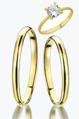 2 Mm Women Men Yellow Silver Wedding Ring Pair And Solitaire Ring Wr86y MDL-WR86Y - Takı Dükkanı