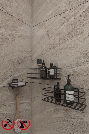 2 Organizer Shelves with Adhesive Hooks, Matte and Solid Soap Dispenser and Dish Sponge Holder Organizer - Alper Banyo