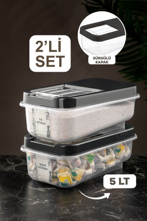 2 Pack 5 Lt Tablet Detergent Storage Box with Sliding Lid - Labeled Detergent Storage Container Anthracite MCH-640 - Meleni Home