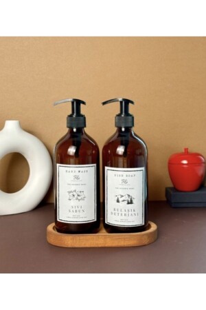 2 Pack 500ml Amber Glass Liquid Soap Detergent Bottles with Oval Wooden Stand 160281090907 - Pembelia Life