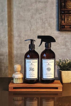 2 Pack Amber Glass Liquid Soap Surface Cleaner Bottle Soap Dish with Wooden Stand Bhbkcset BHBKCSET - KHAKMA