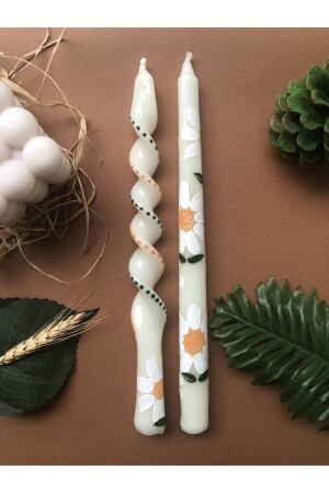 2 Pack Daisy Patterned Hand-Drawn Scented Taper and Twirl Candle Candlestick Candle Set Floral Candle - Elif Design