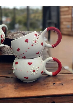 2 Pack Special Embossed Heart and Daisy Hand Embroidered Lover Ceramic Mug with Bubbles - Seracey