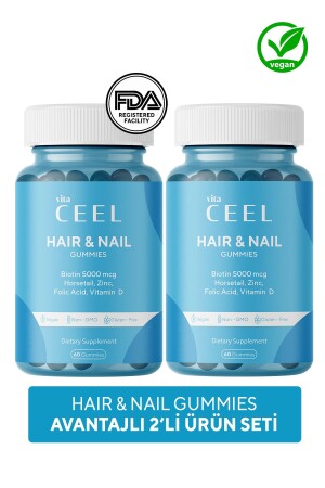 2 Pack Vegan Hair Nail Vitamin Chewable Gummy Biotin 5000- Vitamin D- Folic Acid- Horsetail - Vita Ceel